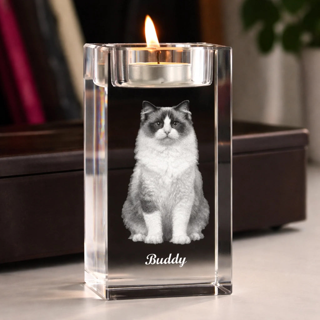 3D Crystal Candle Holder Custom Photo and Name Loss of Cat Gift for Elegant Memorial Display Crystal