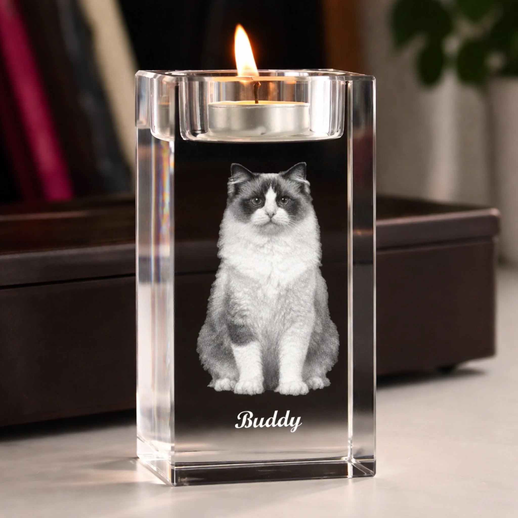3D Crystal Candle Holder Custom Photo and Name Loss of Cat Gift for Elegant Memorial Display Crystal