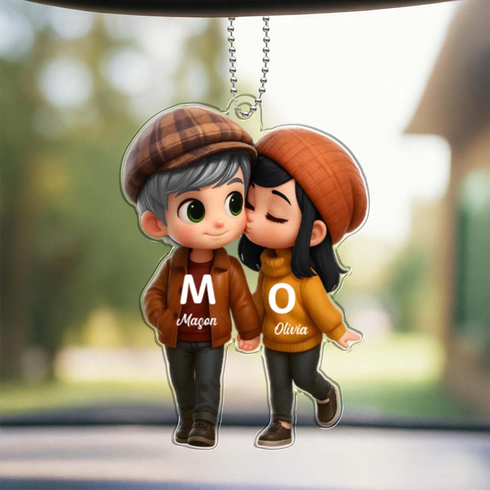 Personalized Name British Style Acrylic Car Hanger Cute Couple Kissing Moment Valentines Gift for Boyfriend & Girlfriend - DiyGiftly
