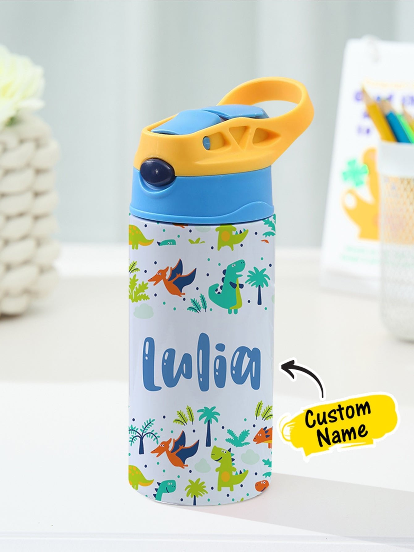 Personalized Name Cartoon Dinosaur Stainless Steel Tumbler – 350ML Insulated Cup with Custom Design - DiyGiftly