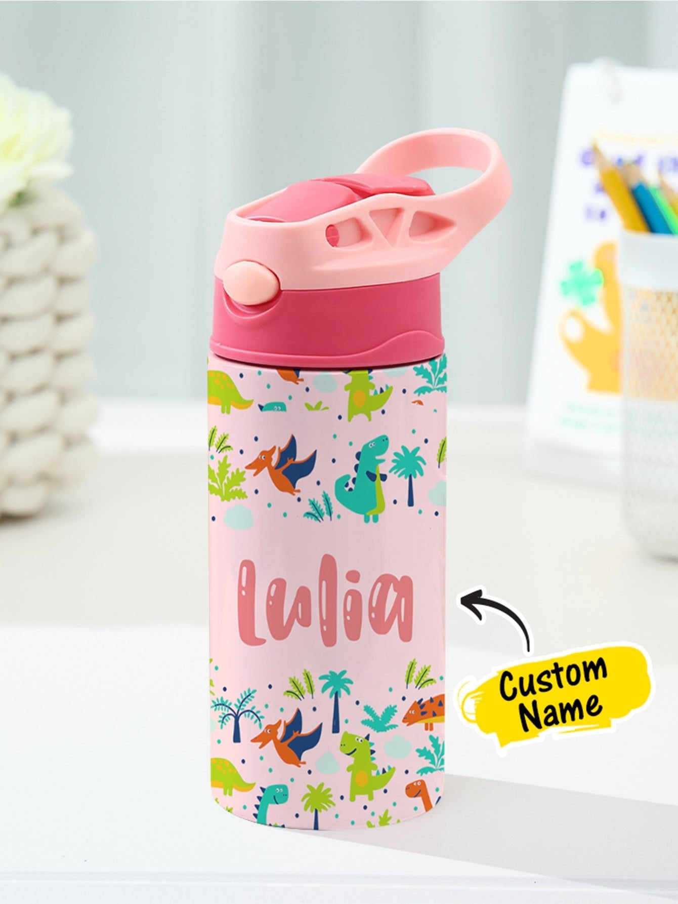 Personalized Name Cartoon Dinosaur Stainless Steel Tumbler – 350ML Insulated Cup with Custom Design - DiyGiftly