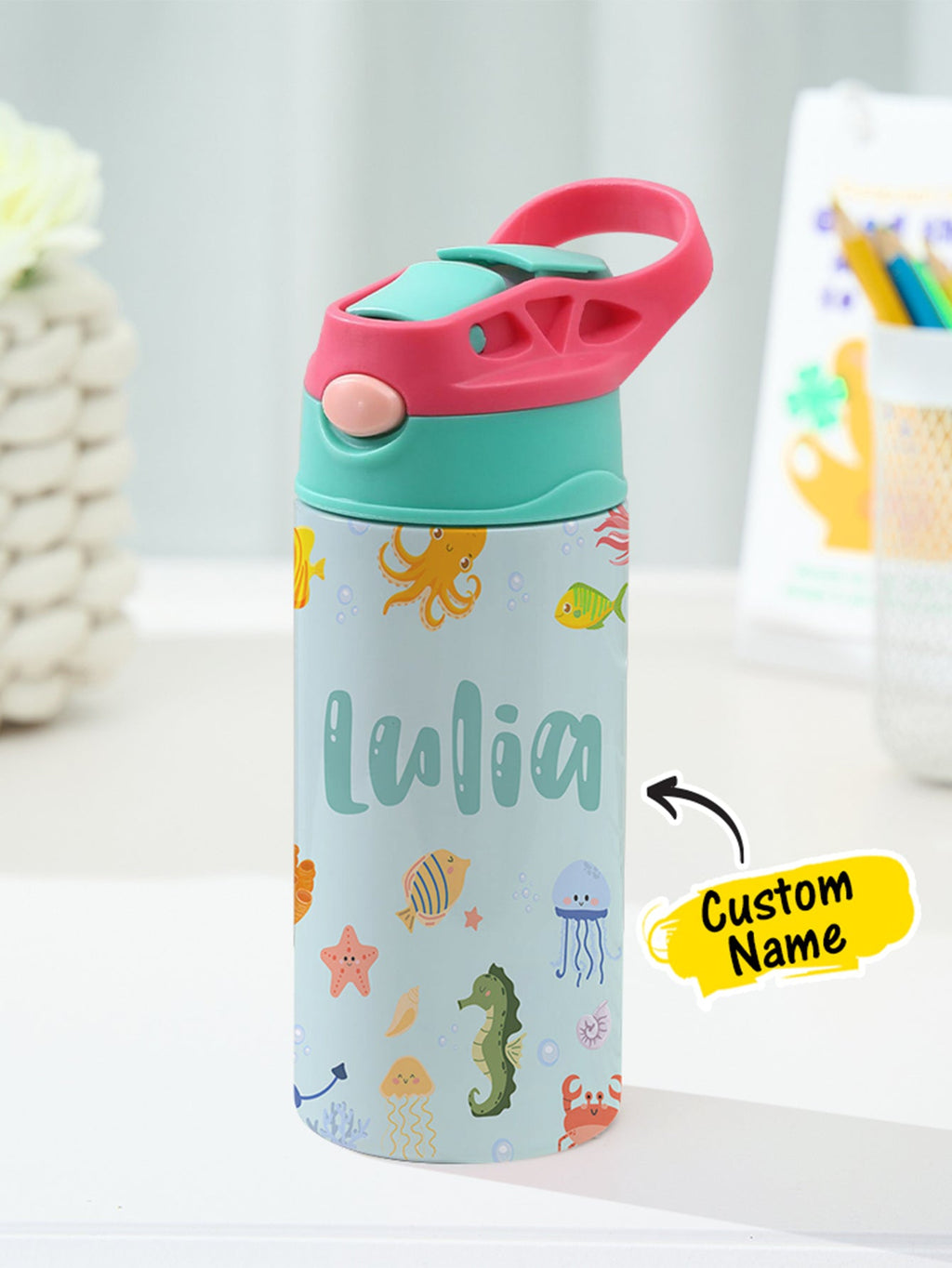 Personalized Name Cartoon Ocean Animals Stainless Steel Tumbler – 350ML Insulated Cup with Custom Design - DiyGiftly