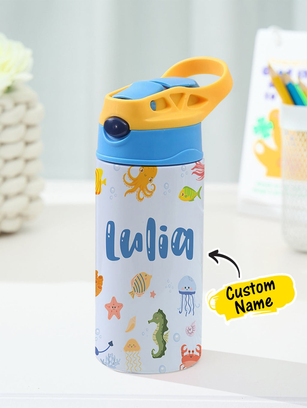 Personalized Name Cartoon Ocean Animals Stainless Steel Tumbler – 350ML Insulated Cup with Custom Design - DiyGiftly