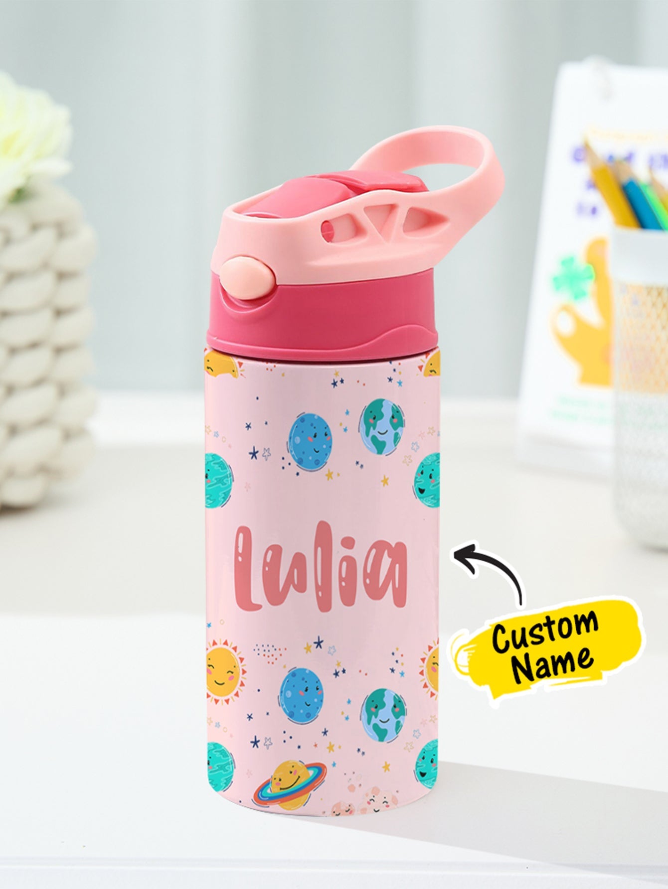 Personalized Name Cartoon Planets Stainless Steel Tumbler – 350ML Insulated Cup with Custom Design - DiyGiftly