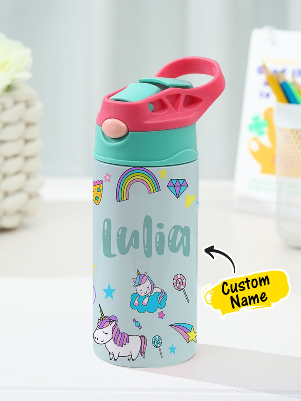 Personalized Name Cartoon Rainbow Unicorn Stainless Steel Tumbler – 350ML Insulated Cup with Custom Design - DiyGiftly
