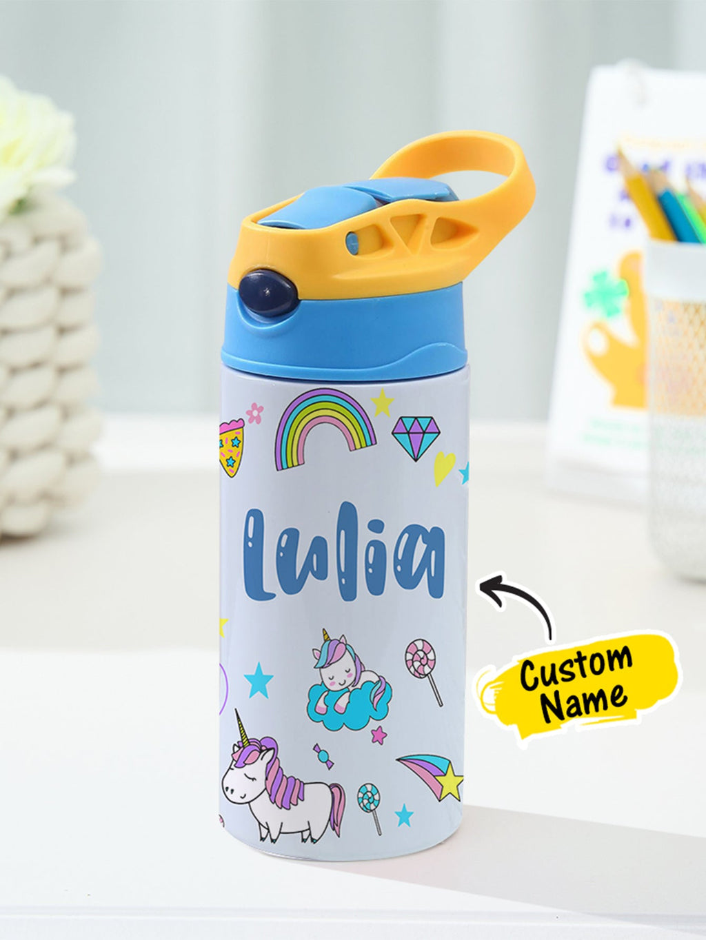 Personalized Name Cartoon Rainbow Unicorn Stainless Steel Tumbler – 350ML Insulated Cup with Custom Design - DiyGiftly