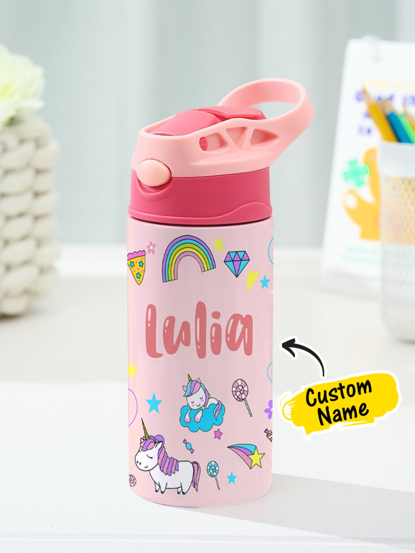 Personalized Name Cartoon Rainbow Unicorn Stainless Steel Tumbler – 350ML Insulated Cup with Custom Design - DiyGiftly
