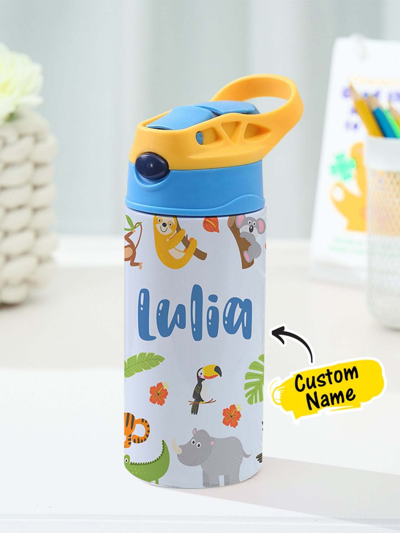 Personalized Name Cartoon Zoo Animals Stainless Steel Tumbler – 350ML Insulated Cup with Custom Design - DiyGiftly