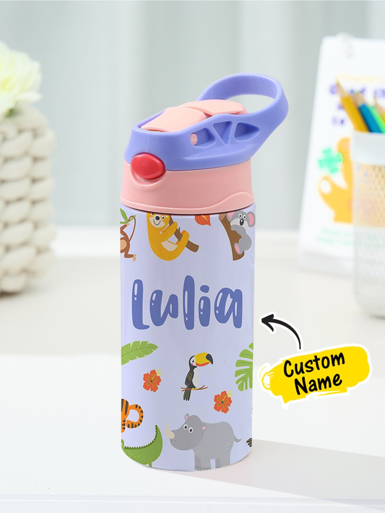 Personalized Name Cartoon Zoo Animals Stainless Steel Tumbler – 350ML Insulated Cup with Custom Design - DiyGiftly