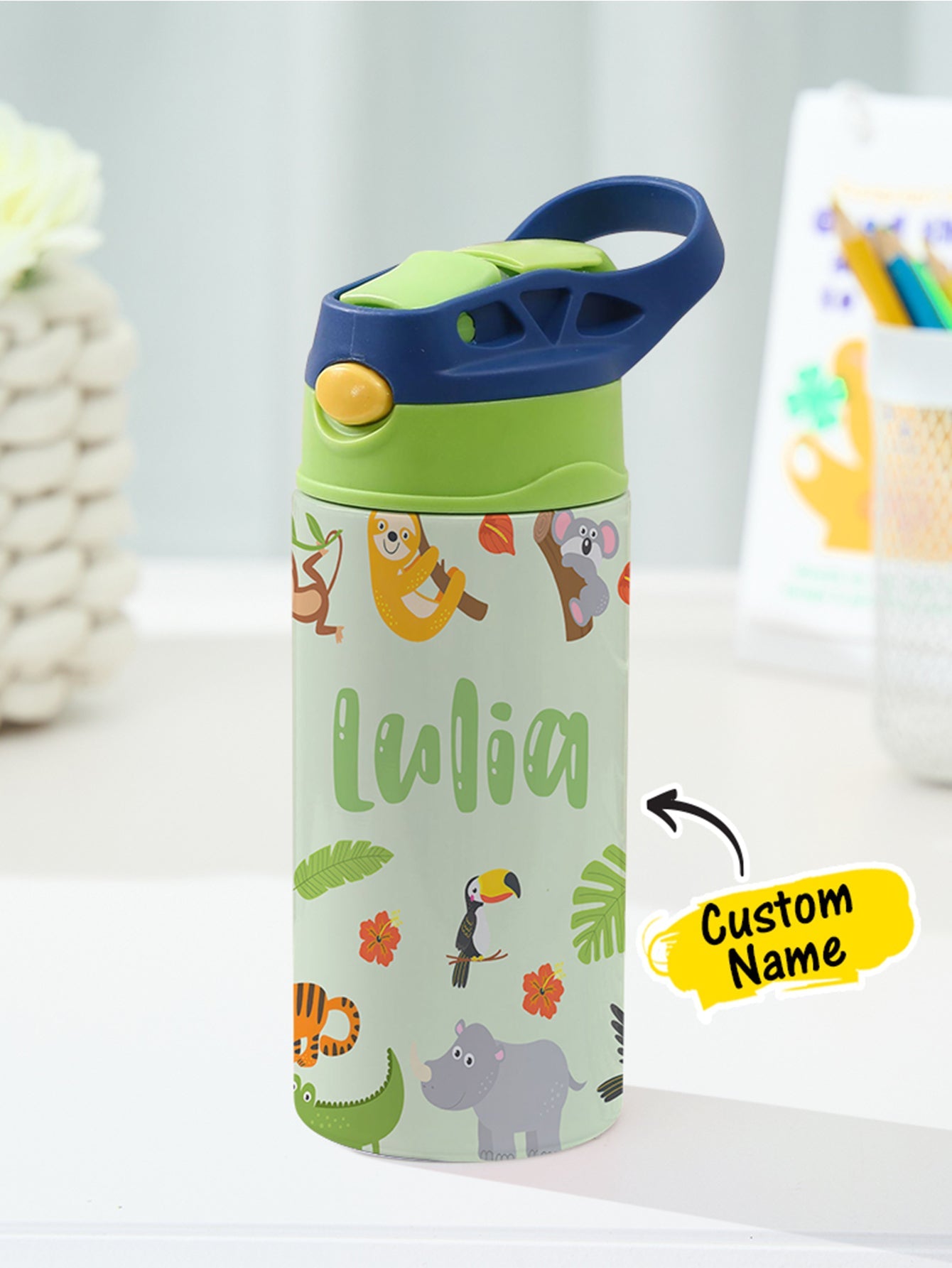 Personalized Name Cartoon Zoo Animals Stainless Steel Tumbler – 350ML Insulated Cup with Custom Design - DiyGiftly