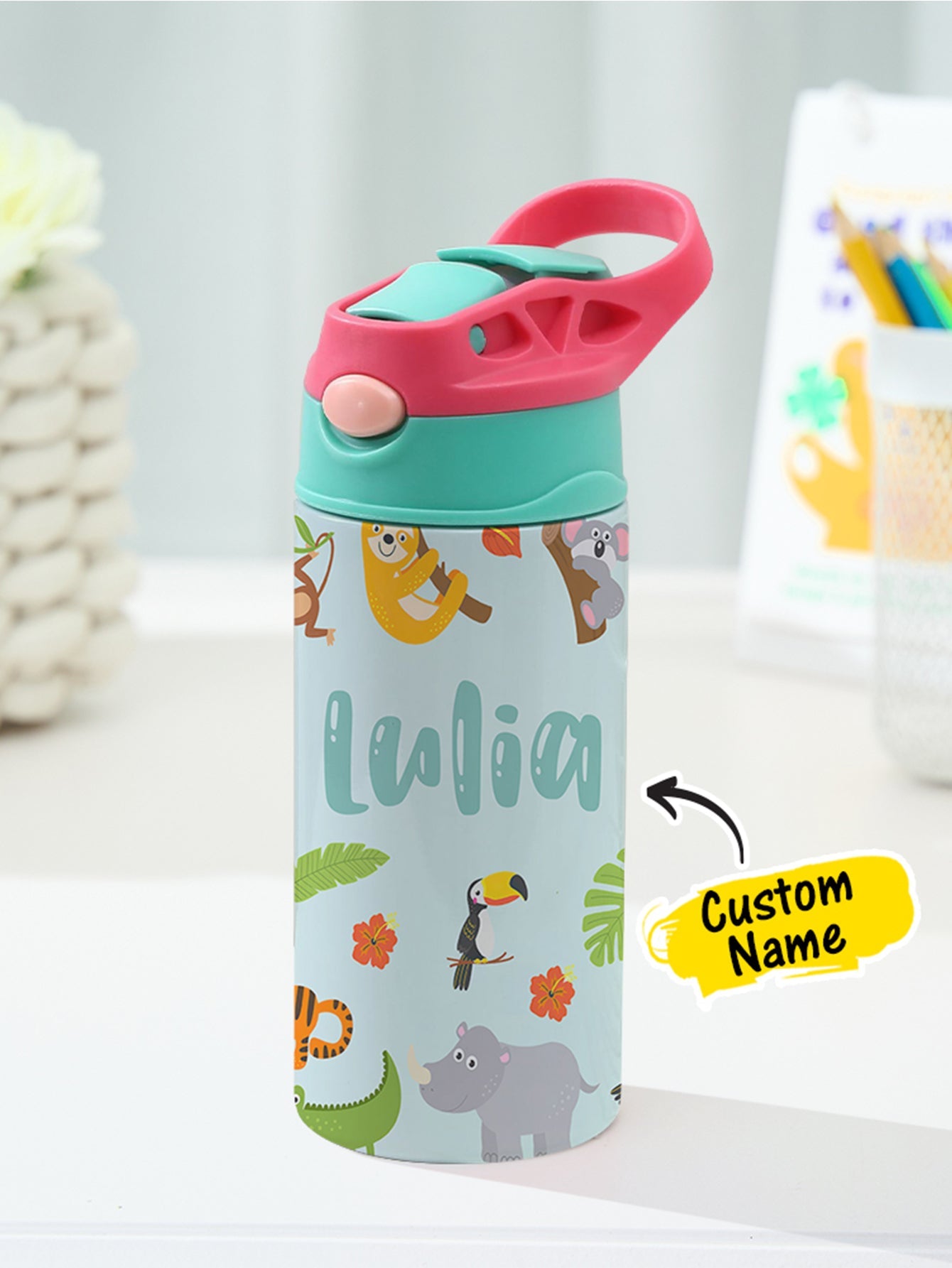 Personalized Name Cartoon Zoo Animals Stainless Steel Tumbler – 350ML Insulated Cup with Custom Design - DiyGiftly