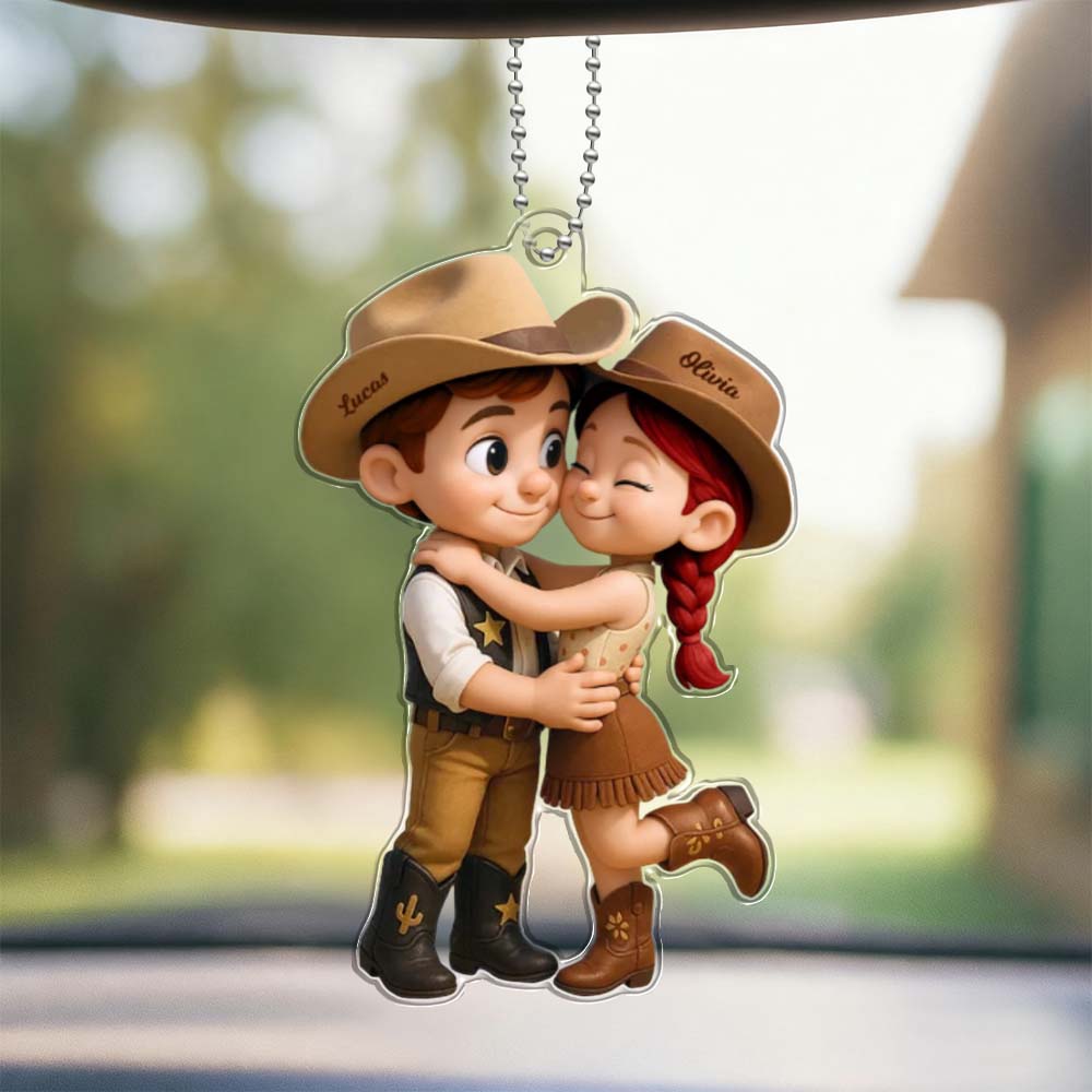 Personalized Name Denim Style Acrylic Car Hanger Cute Couple Kissing Moment Valentines Gift for Boyfriend & Girlfriend - DiyGiftly