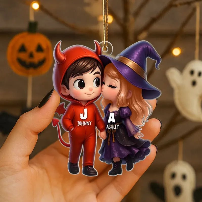 Personalized Name Halloween Style Acrylic Car Hanger Cute Couple Kissing Moment Halloween Gift for Boyfriend & Girlfriend - DiyGiftly