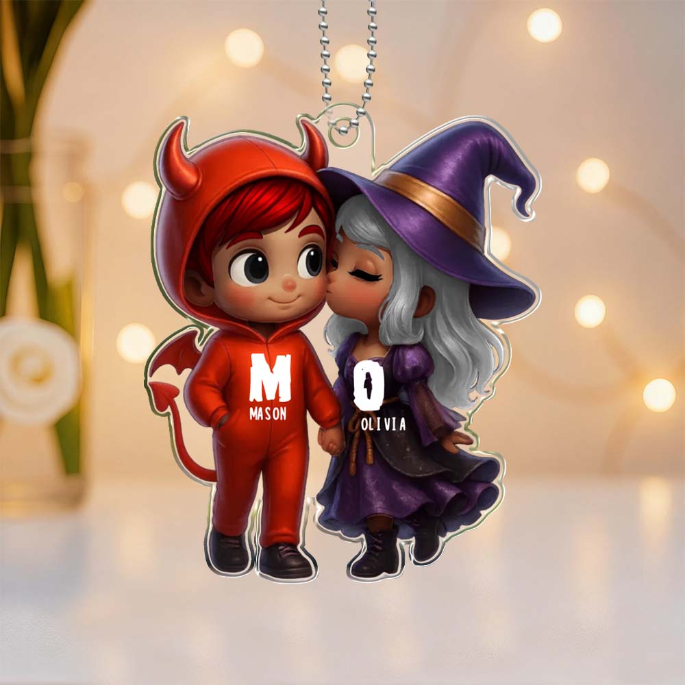 Personalized Name Halloween Style Acrylic Car Hanger Cute Couple Kissing Moment Halloween Gift for Boyfriend & Girlfriend - DiyGiftly