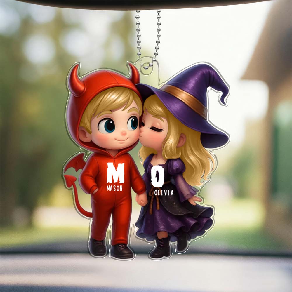 Personalized Name Halloween Style Acrylic Car Hanger Cute Couple Kissing Moment Halloween Gift for Boyfriend & Girlfriend - DiyGiftly