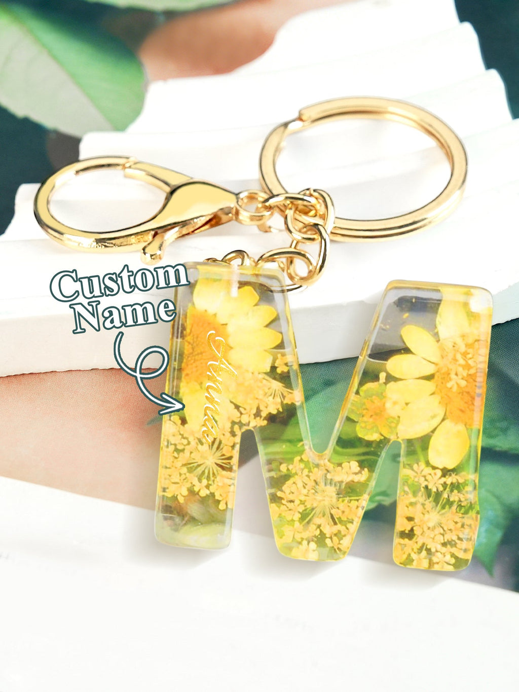 Personalized Name Light Yellow Dried Flower Letter Keychain – Custom Alphabet Bag Charm - DiyGiftly