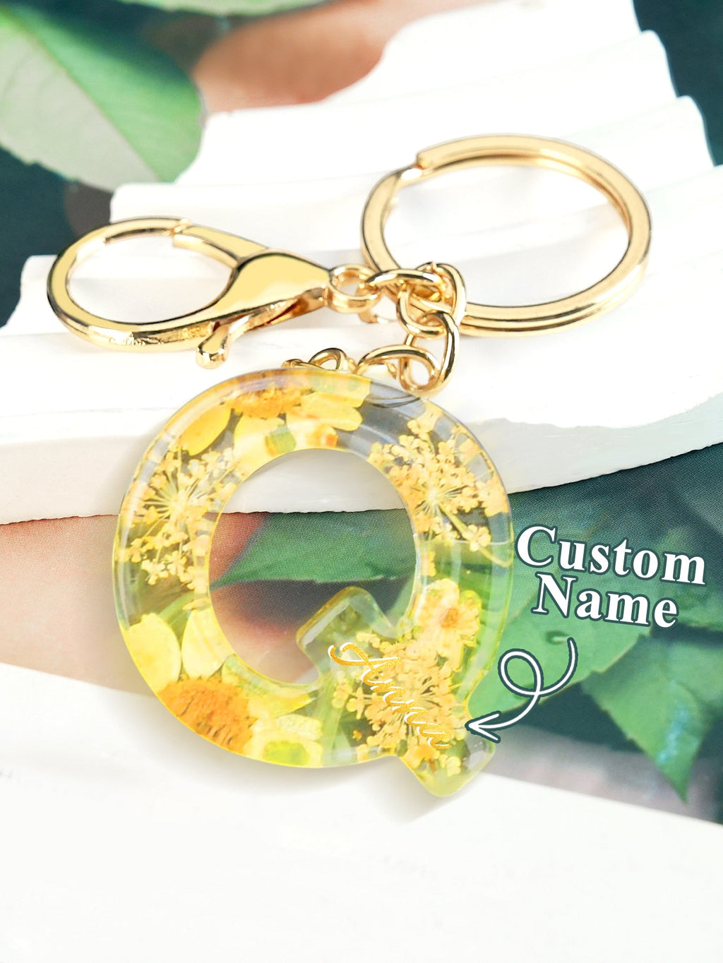 Personalized Name Light Yellow Dried Flower Letter Keychain – Custom Alphabet Bag Charm - DiyGiftly