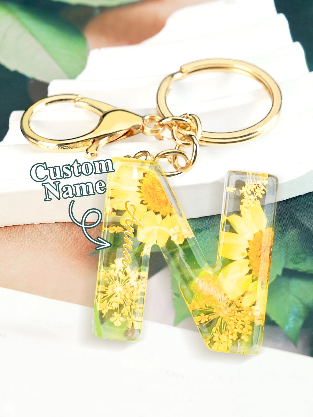 Personalized Name Light Yellow Dried Flower Letter Keychain – Custom Alphabet Bag Charm - DiyGiftly