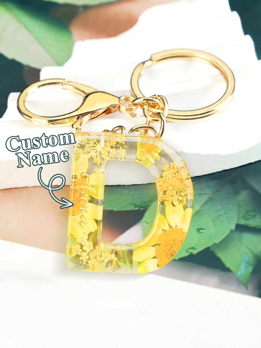 Personalized Name Light Yellow Dried Flower Letter Keychain – Custom Alphabet Bag Charm - DiyGiftly