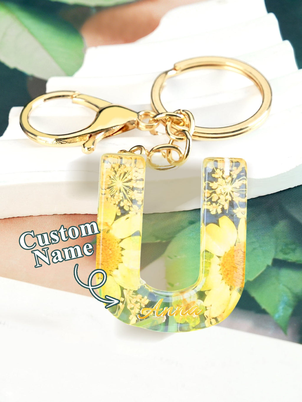 Personalized Name Light Yellow Dried Flower Letter Keychain – Custom Alphabet Bag Charm - DiyGiftly