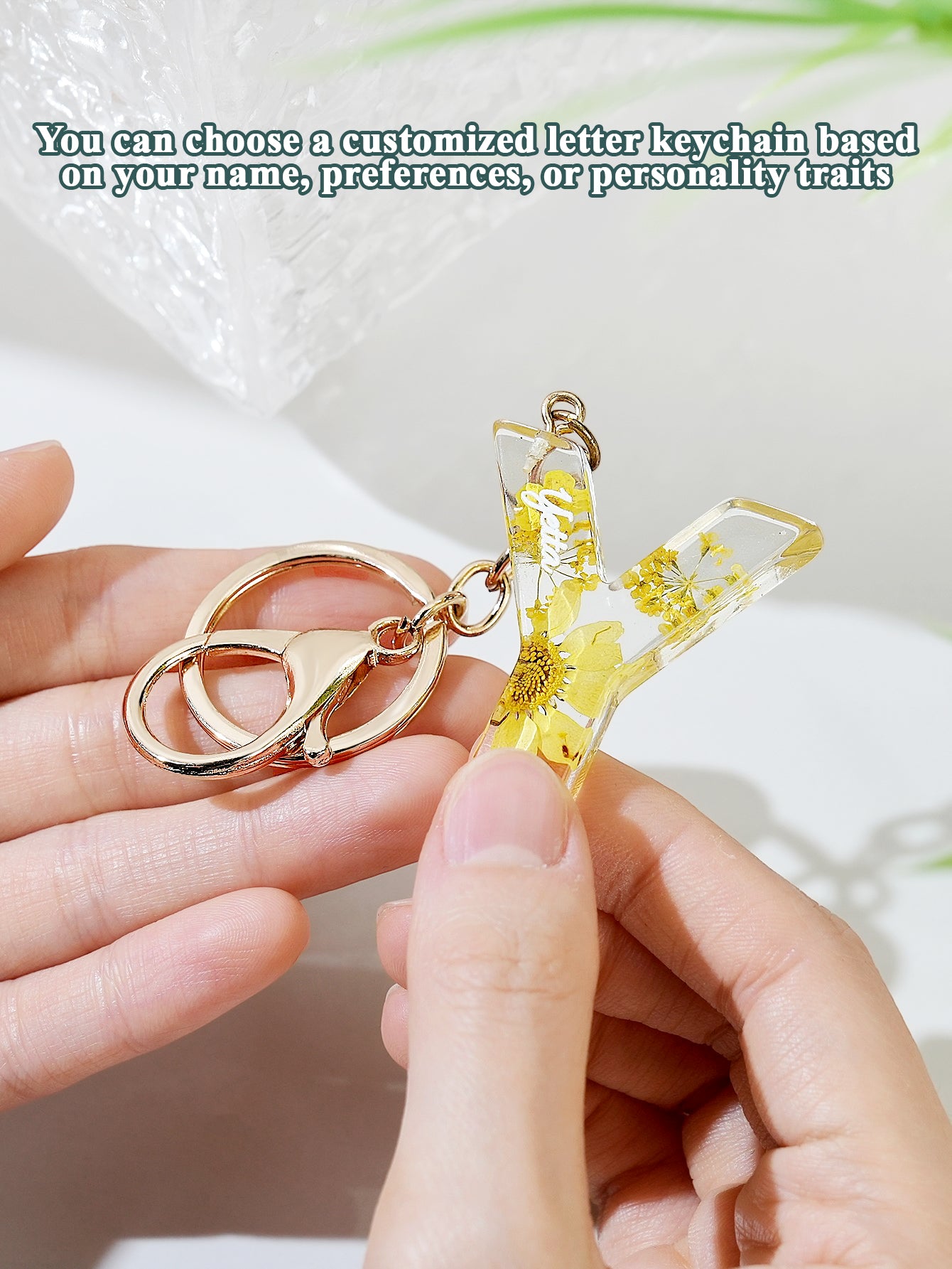 Personalized Name Light Yellow Dried Flower Letter Keychain – Custom Alphabet Bag Charm - DiyGiftly