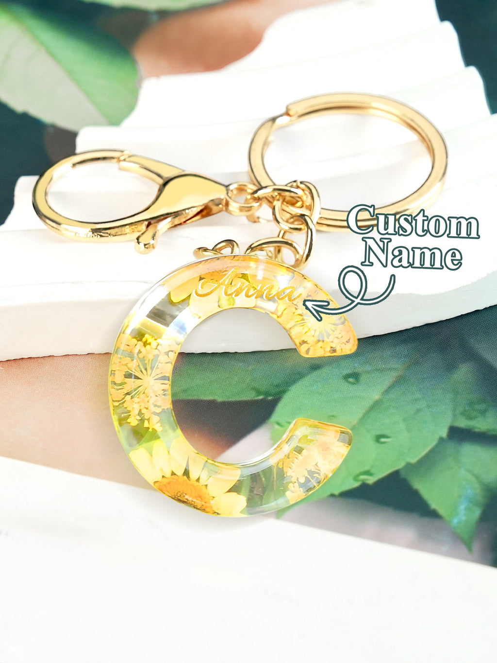 Personalized Name Light Yellow Dried Flower Letter Keychain – Custom Alphabet Bag Charm - DiyGiftly