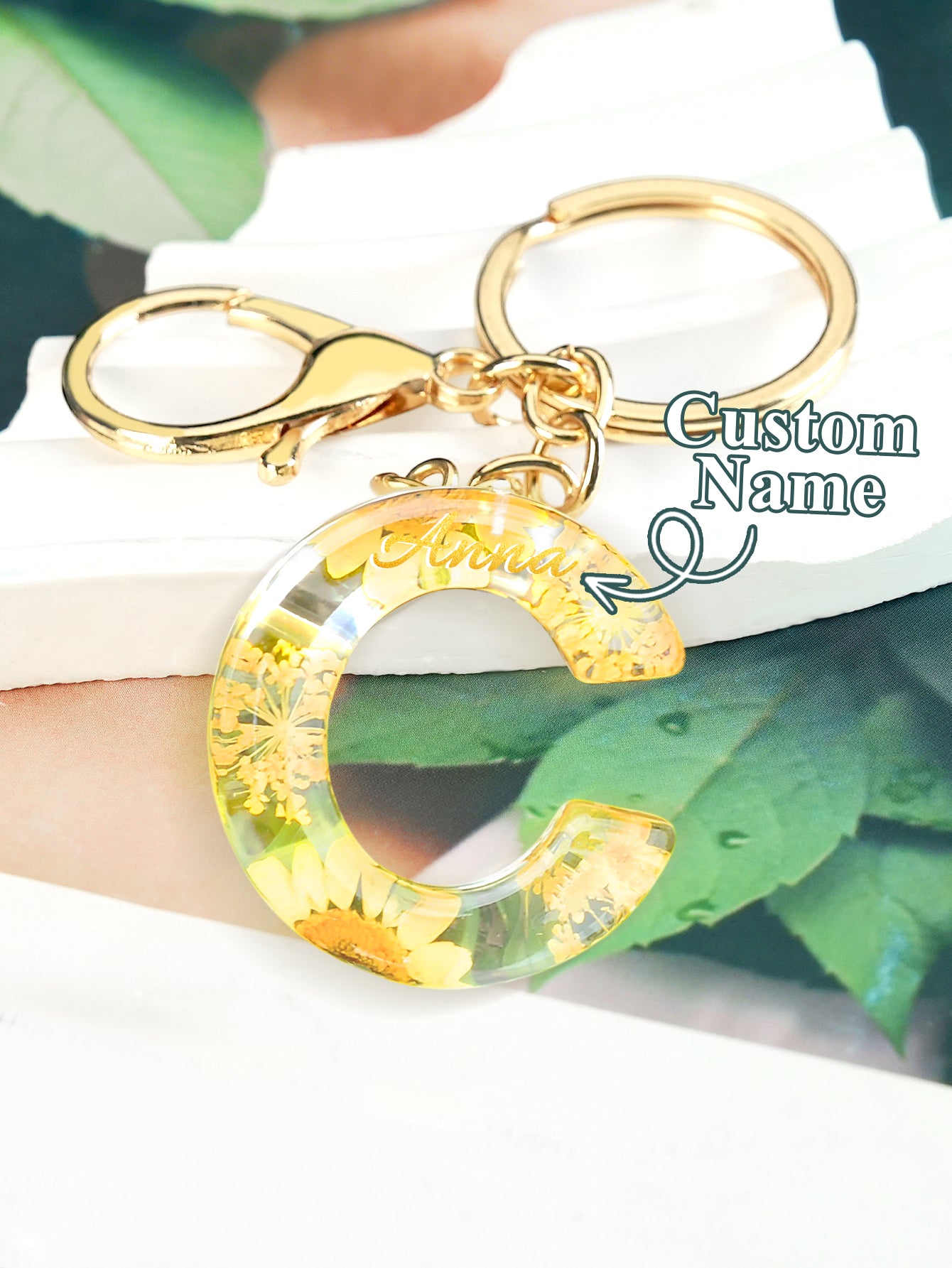 Personalized Name Light Yellow Dried Flower Letter Keychain – Custom Alphabet Bag Charm - DiyGiftly