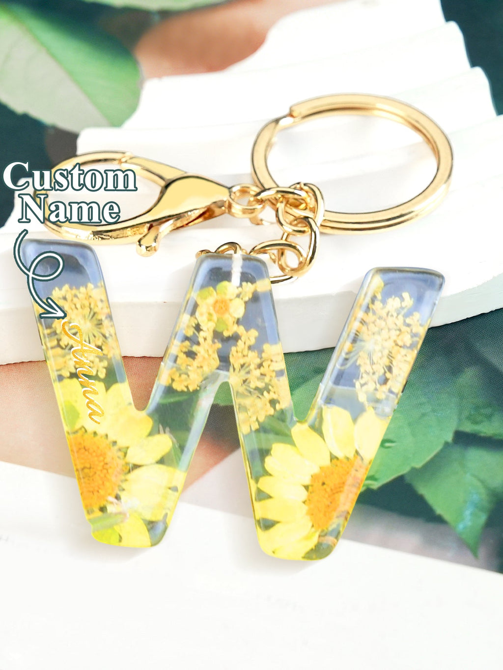 Personalized Name Light Yellow Dried Flower Letter Keychain – Custom Alphabet Bag Charm - DiyGiftly