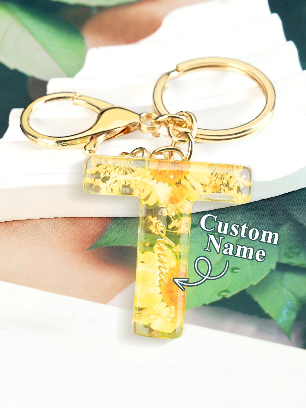 Personalized Name Light Yellow Dried Flower Letter Keychain – Custom Alphabet Bag Charm - DiyGiftly