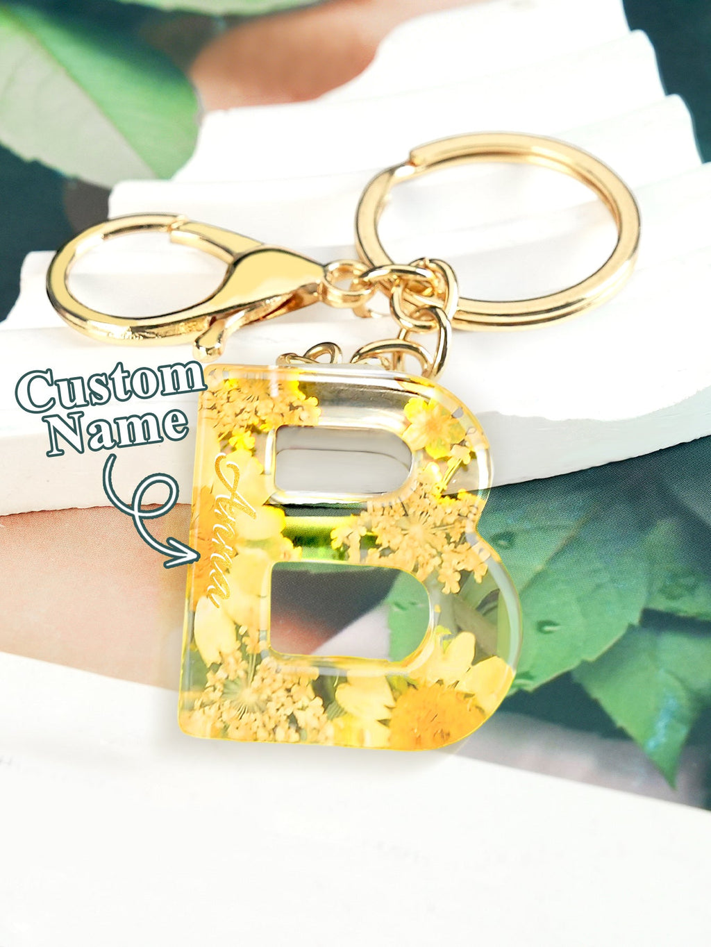 Personalized Name Light Yellow Dried Flower Letter Keychain – Custom Alphabet Bag Charm - DiyGiftly