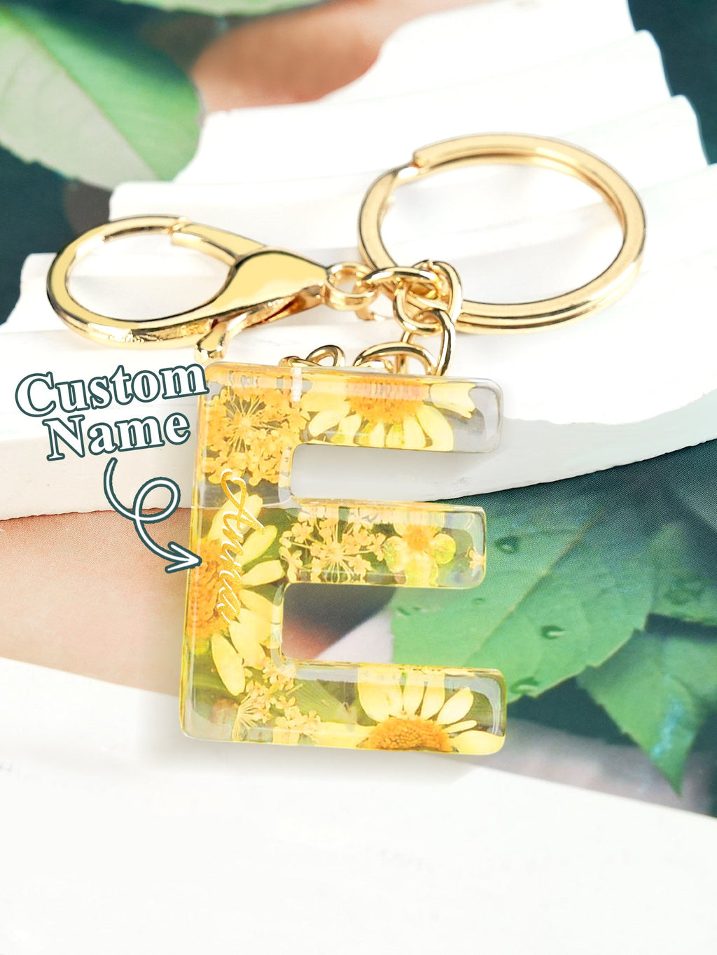 Personalized Name Light Yellow Dried Flower Letter Keychain – Custom Alphabet Bag Charm - DiyGiftly