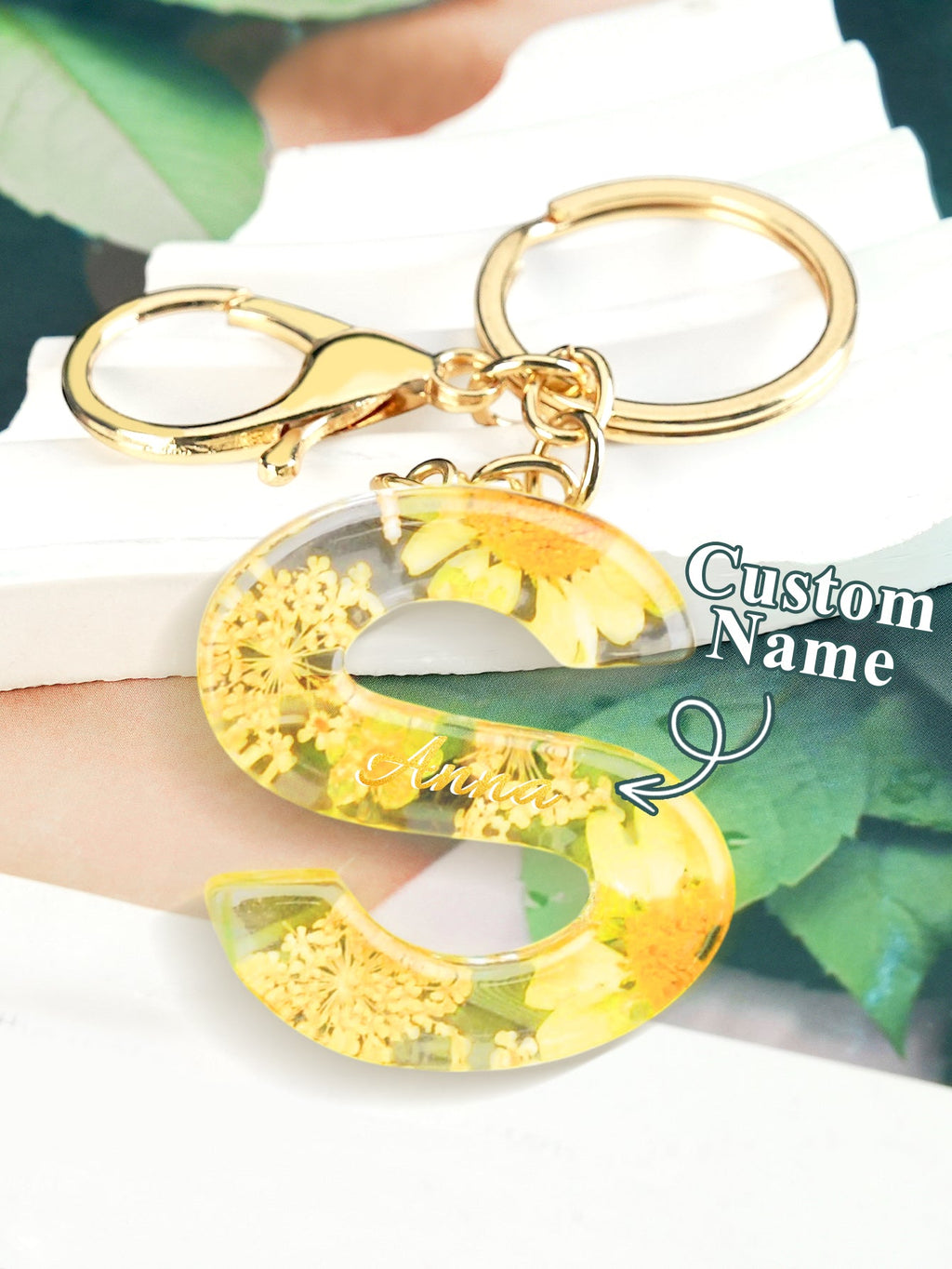 Personalized Name Light Yellow Dried Flower Letter Keychain – Custom Alphabet Bag Charm - DiyGiftly