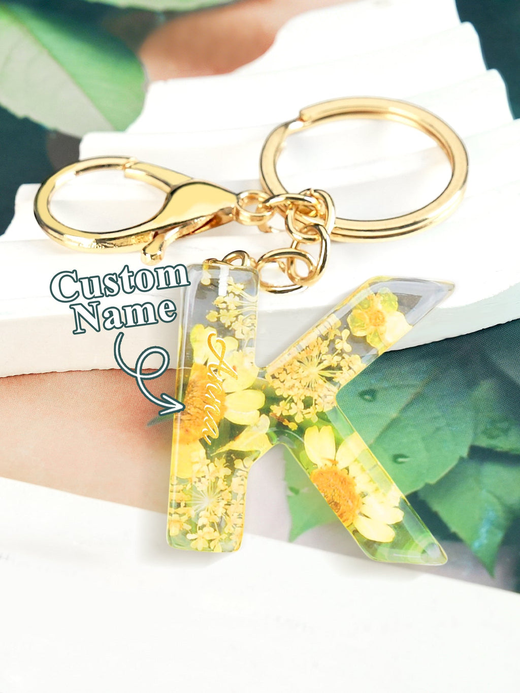 Personalized Name Light Yellow Dried Flower Letter Keychain – Custom Alphabet Bag Charm - DiyGiftly