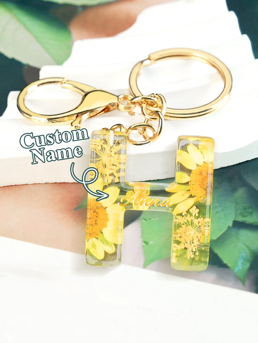 Personalized Name Light Yellow Dried Flower Letter Keychain – Custom Alphabet Bag Charm - DiyGiftly