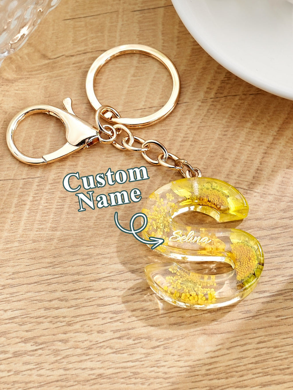 Personalized Name Light Yellow Dried Flower Letter Keychain – Custom Alphabet Bag Charm - DiyGiftly