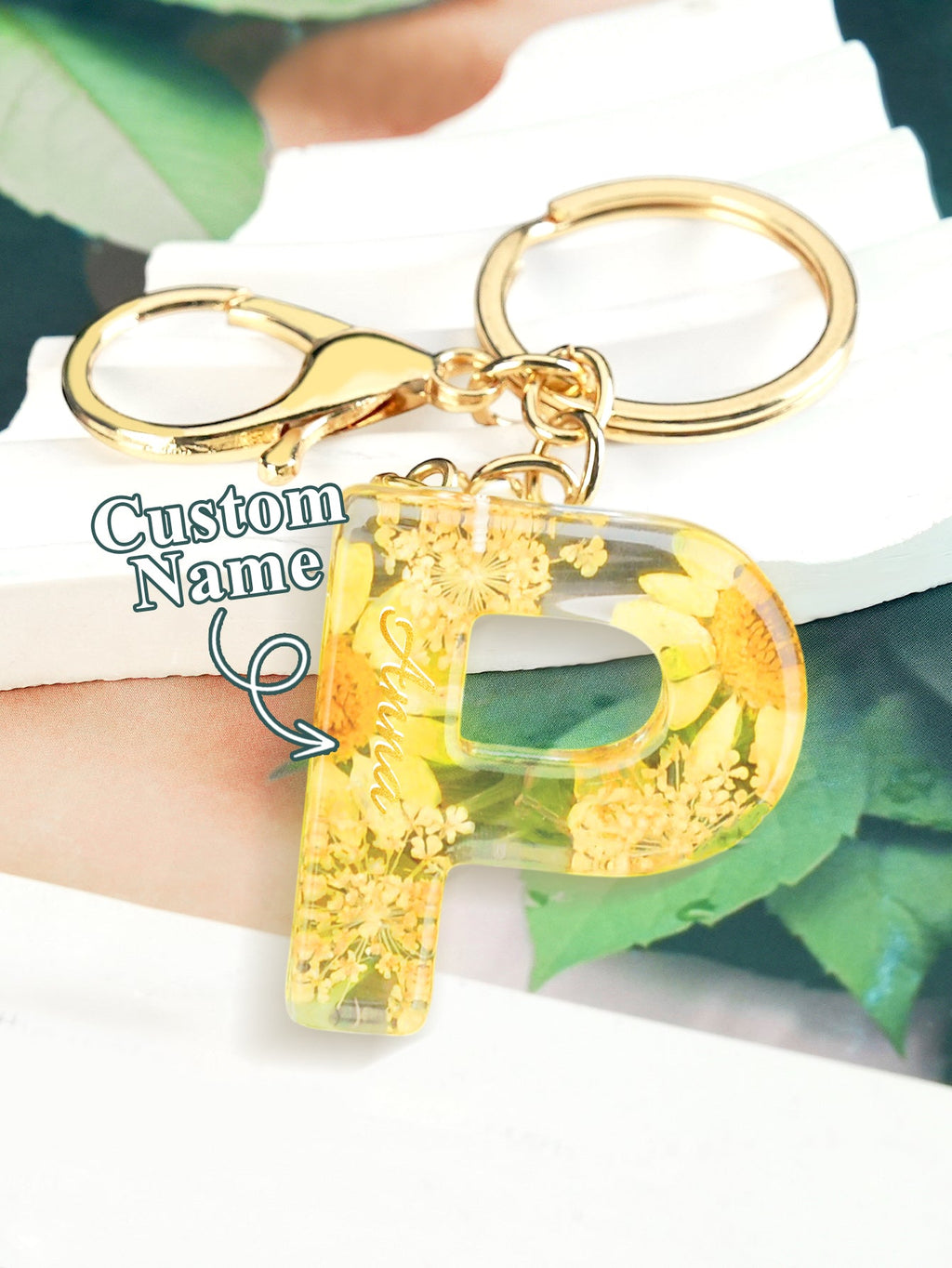 Personalized Name Light Yellow Dried Flower Letter Keychain – Custom Alphabet Bag Charm - DiyGiftly