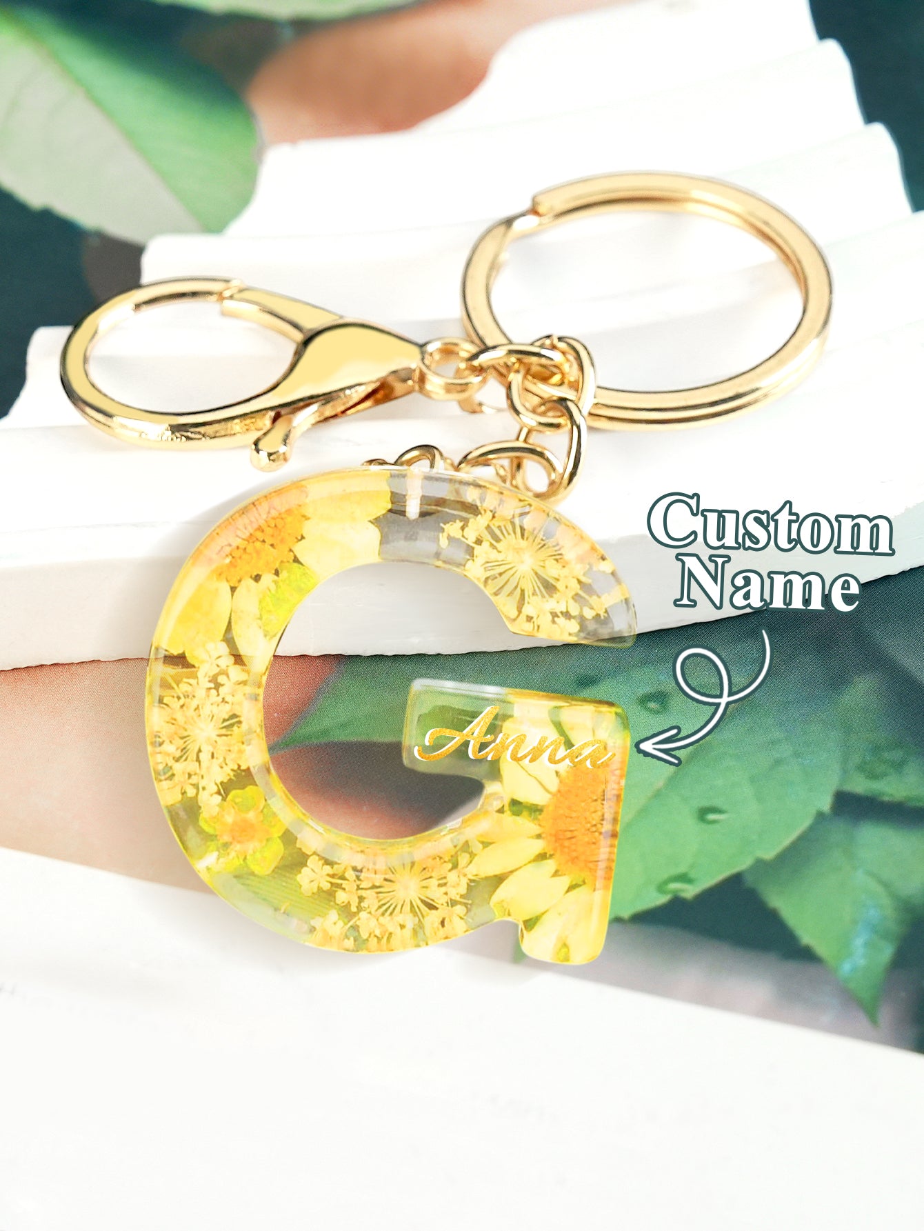 Personalized Name Light Yellow Dried Flower Letter Keychain – Custom Alphabet Bag Charm - DiyGiftly