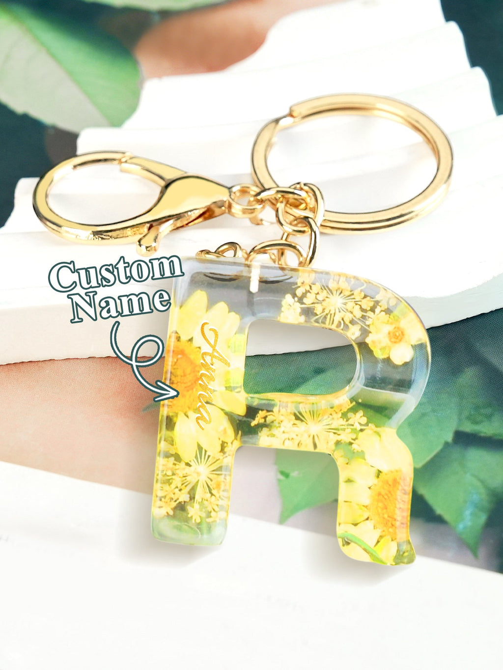Personalized Name Light Yellow Dried Flower Letter Keychain – Custom Alphabet Bag Charm - DiyGiftly