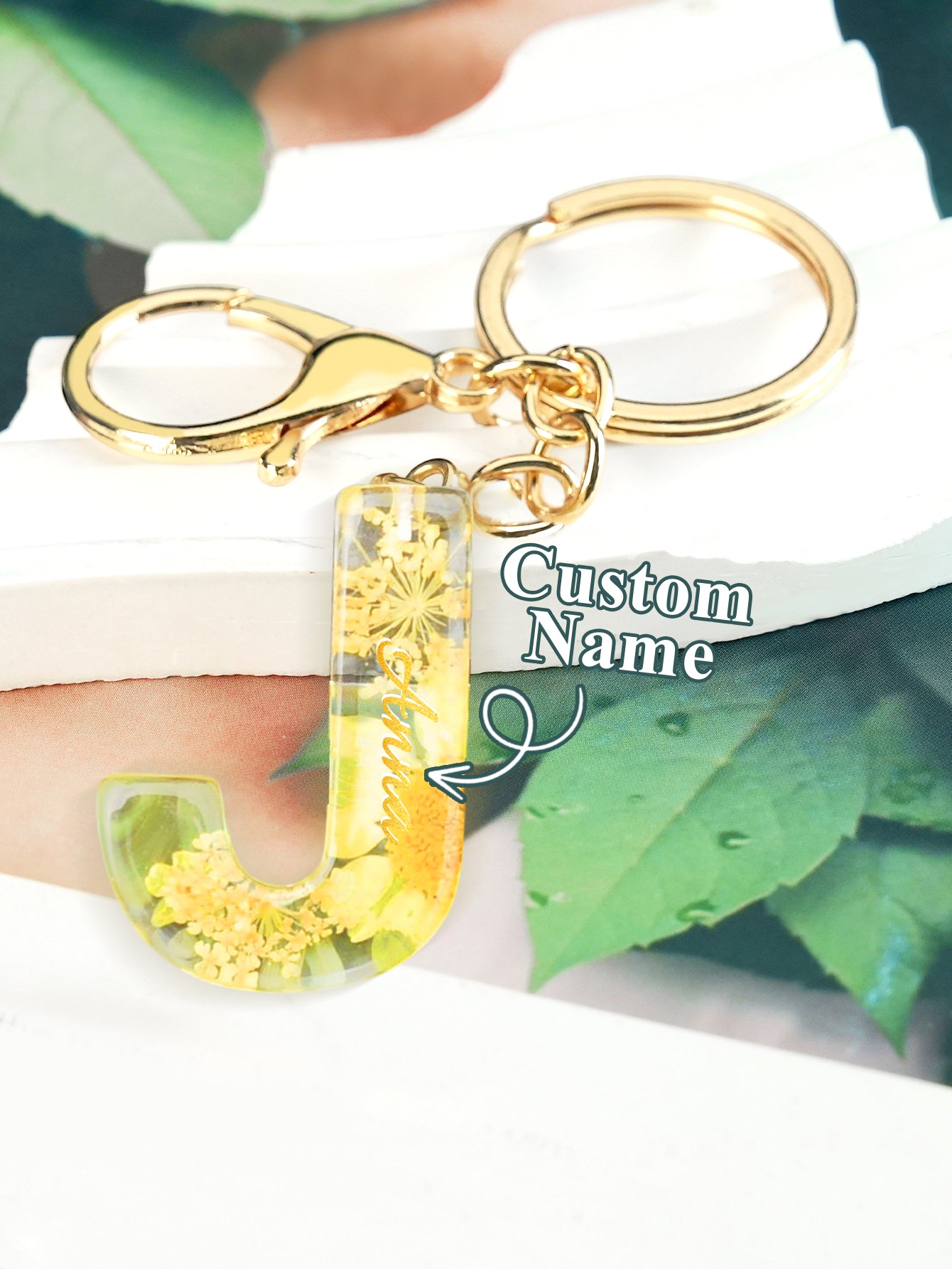 Personalized Name Light Yellow Dried Flower Letter Keychain – Custom Alphabet Bag Charm - DiyGiftly
