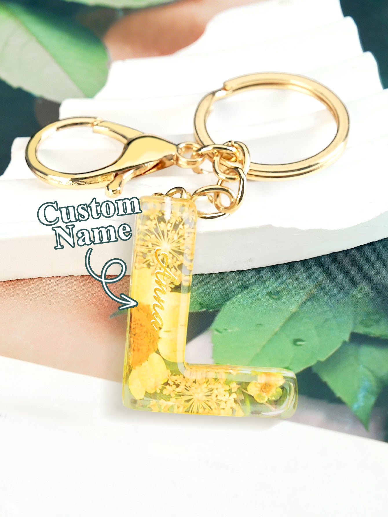 Personalized Name Light Yellow Dried Flower Letter Keychain – Custom Alphabet Bag Charm - DiyGiftly