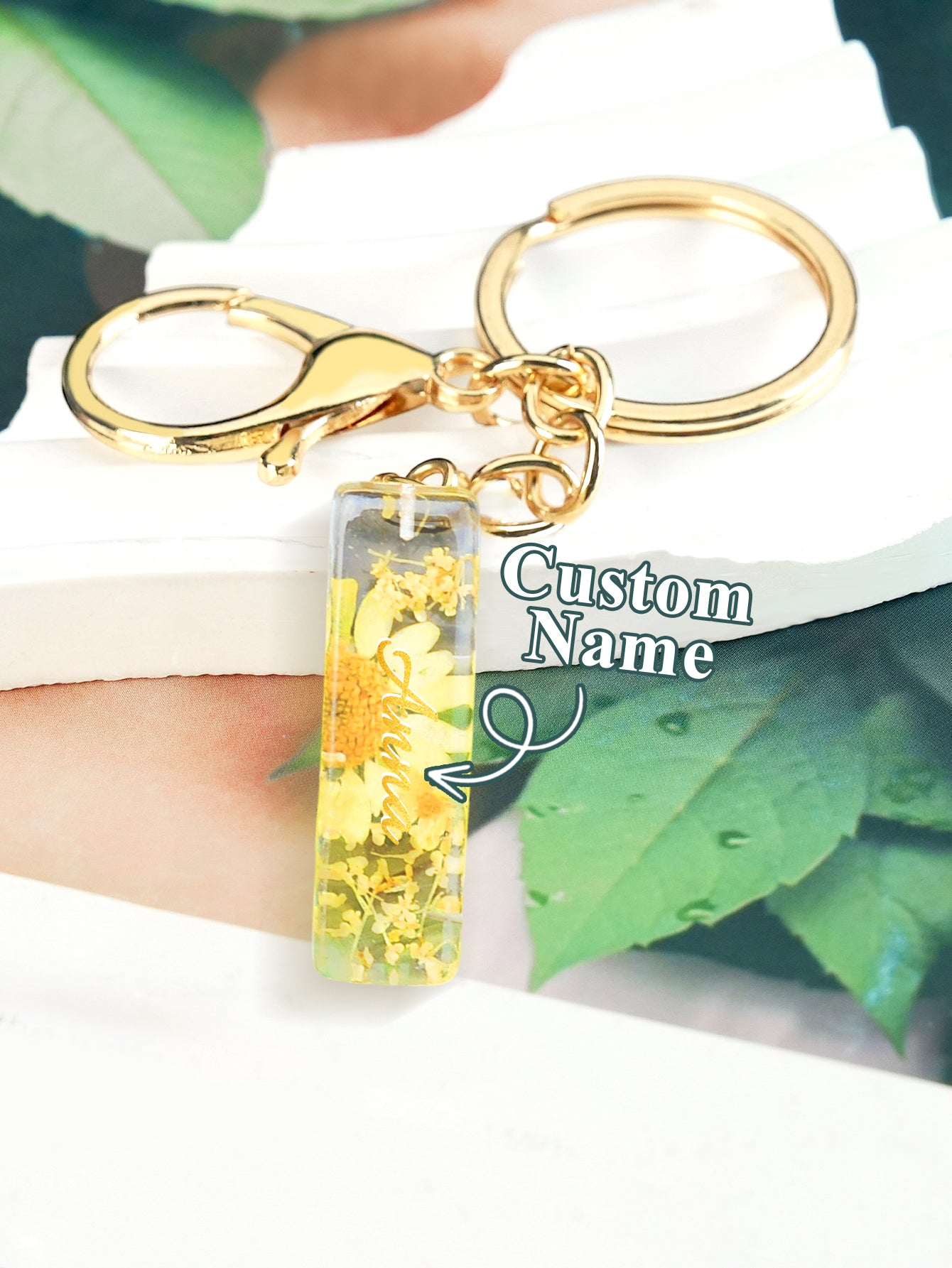 Personalized Name Light Yellow Dried Flower Letter Keychain – Custom Alphabet Bag Charm - DiyGiftly