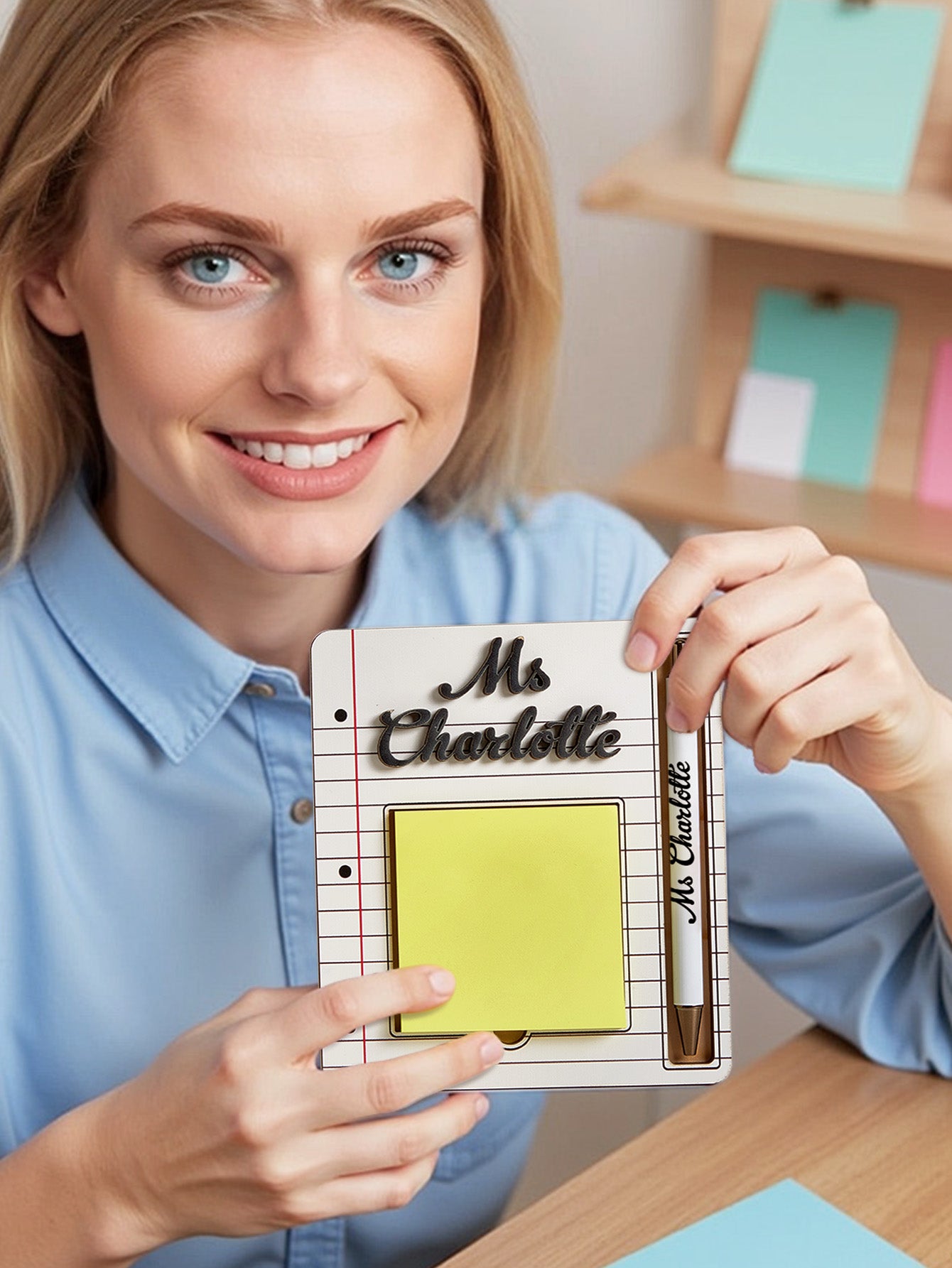 Personalized Name Sticky Note Wooden Holder with Pen Appreciation Gift for Teacher - DiyGiftly