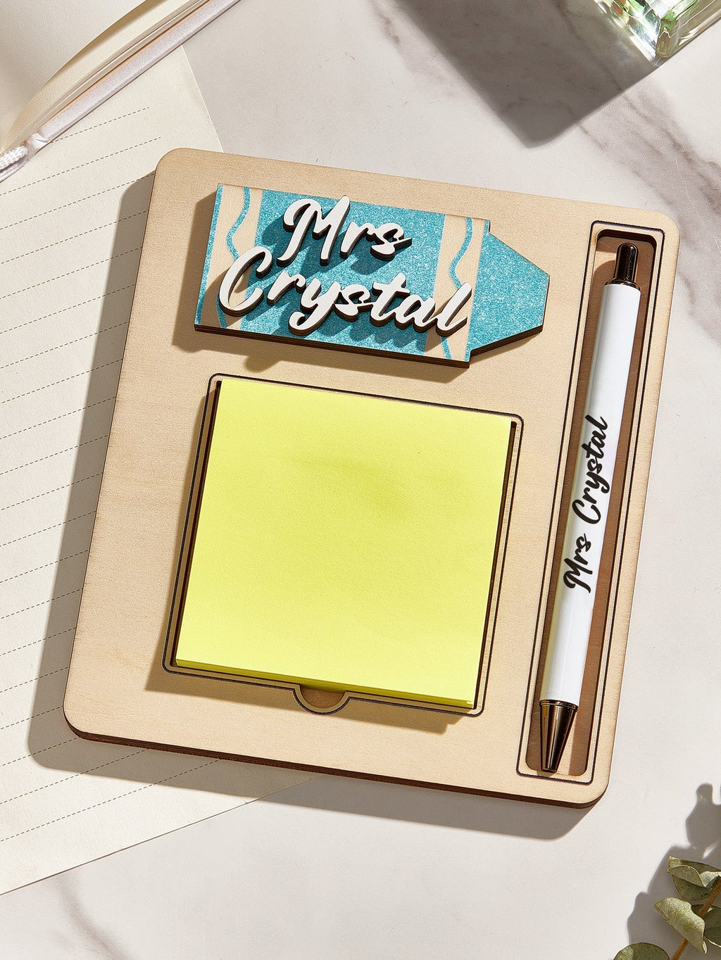 Personalized Name Sticky Note Wooden Holder with Pen Appreciation Gift for Teacher - DiyGiftly