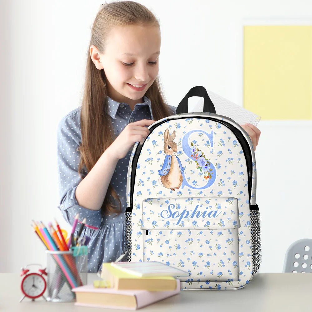 Personalized Peter Rabbit Coquette Bow Flower Initial Large Capacity School Backpack with Name Daily Travel Back to School Birthday Gift for Kids 26181632 - DiyGiftly