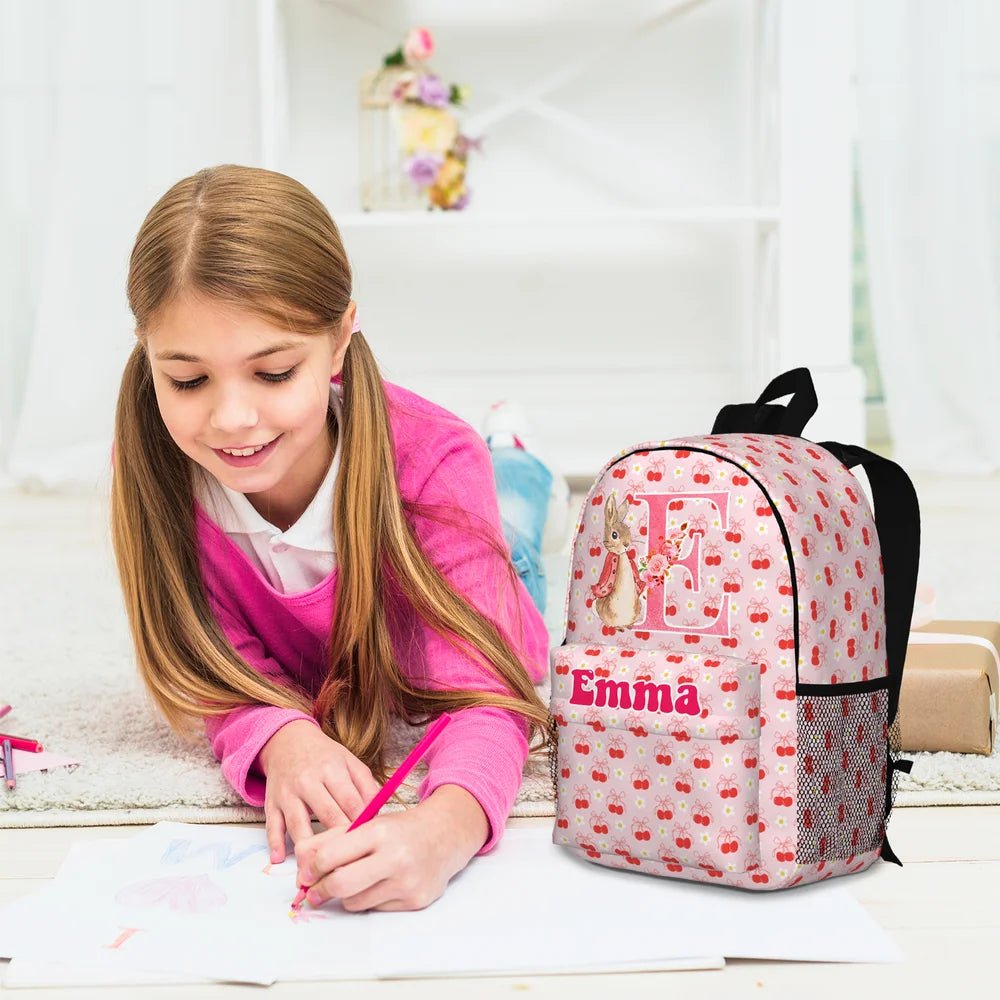 Personalized Peter Rabbit Coquette Bow Flower Initial Large Capacity School Backpack with Name Daily Travel Back to School Birthday Gift for Kids 26181632 - DiyGiftly