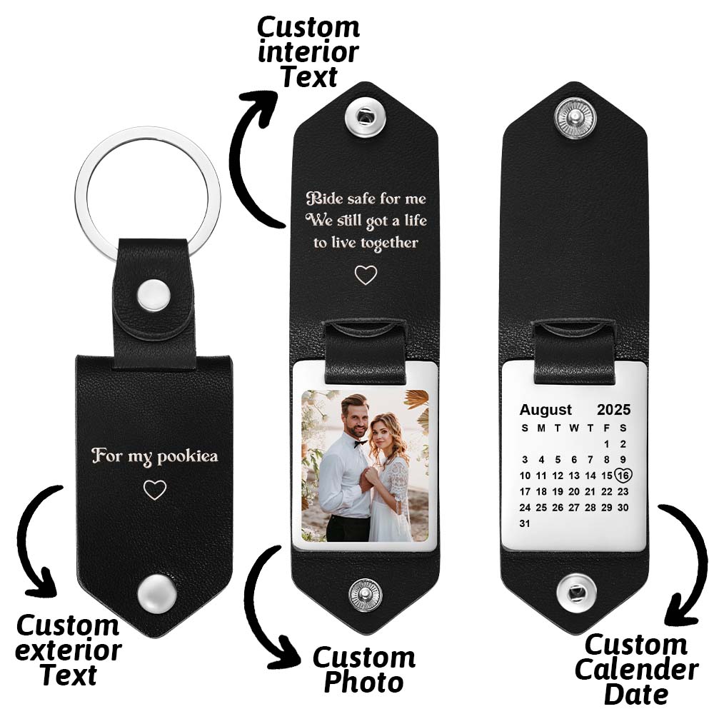 Personalized Photo and Calendar PU Leather Keychain with Custom Text Valentines Gifts for Him - DiyGiftly