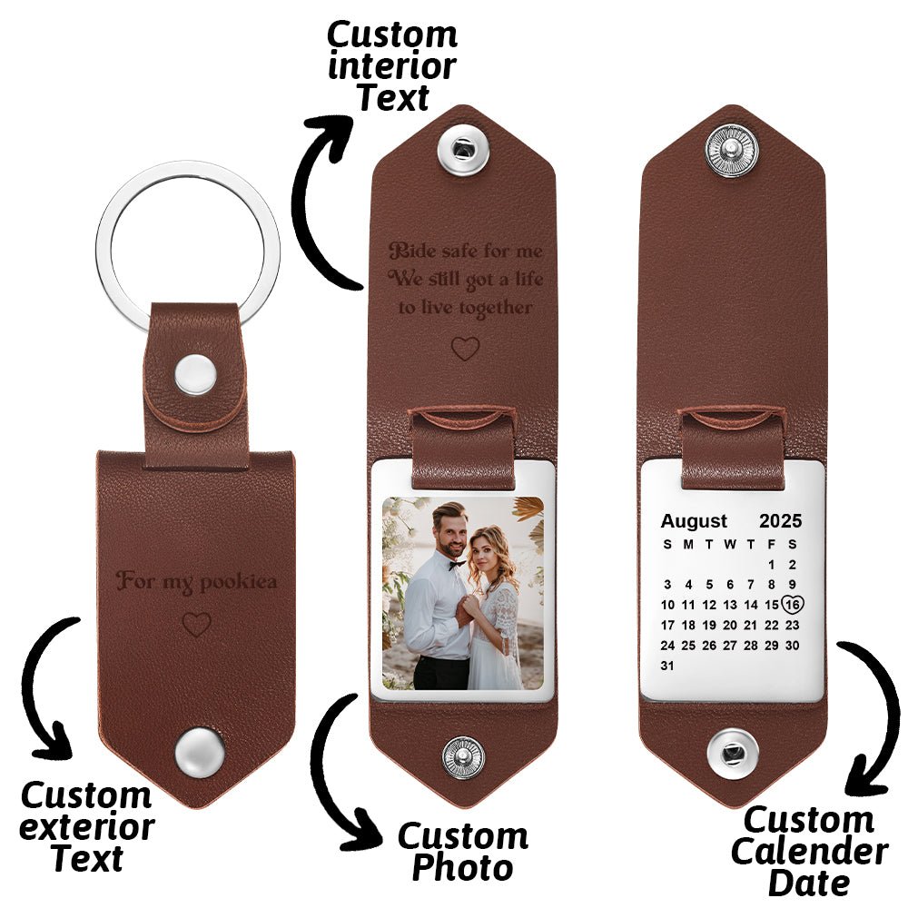 Personalized Photo and Calendar PU Leather Keychain with Custom Text Valentines Gifts for Him - DiyGiftly