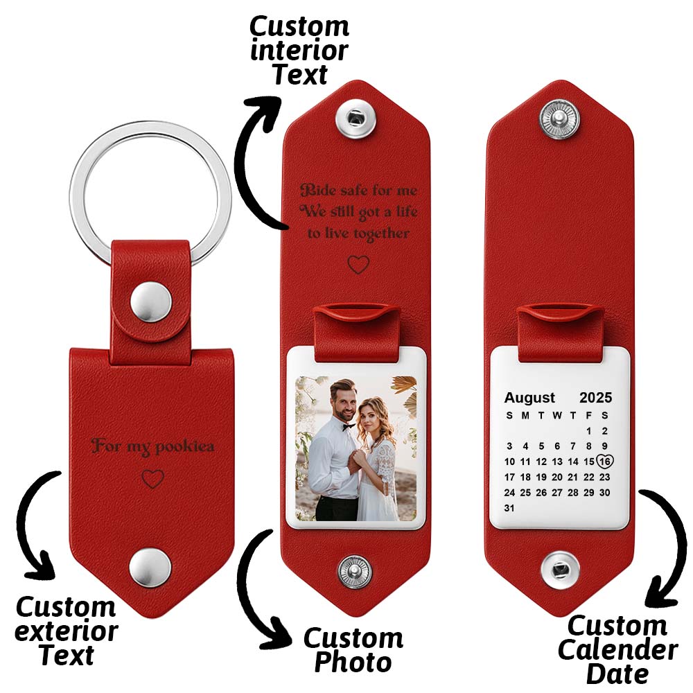 Personalized Photo and Calendar PU Leather Keychain with Custom Text Valentines Gifts for Him - DiyGiftly