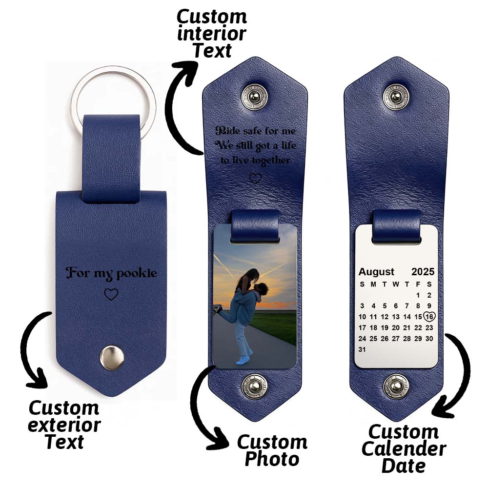 Personalized Photo and Calendar PU Leather Keychain with Custom Text Valentines Gifts for Him - DiyGiftly