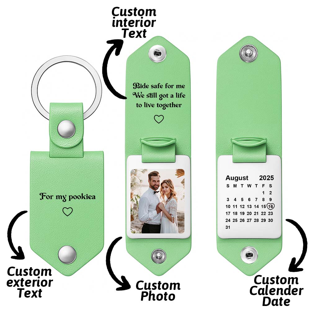 Personalized Photo and Calendar PU Leather Keychain with Custom Text Valentines Gifts for Him - DiyGiftly